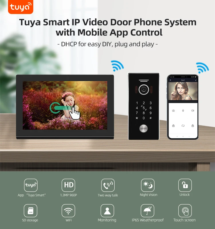 IP Wifi Tuya Smart Video Door Phone Intercom Ring Door Bell Camera Code Access Control Card Access Touch Screen
