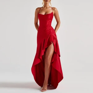 Women's Sexy Satin Maxi Dress Spring Banquet Slashed Neck Summer Ruffled Backless Lace-up Long Irregular Hollow women dresses