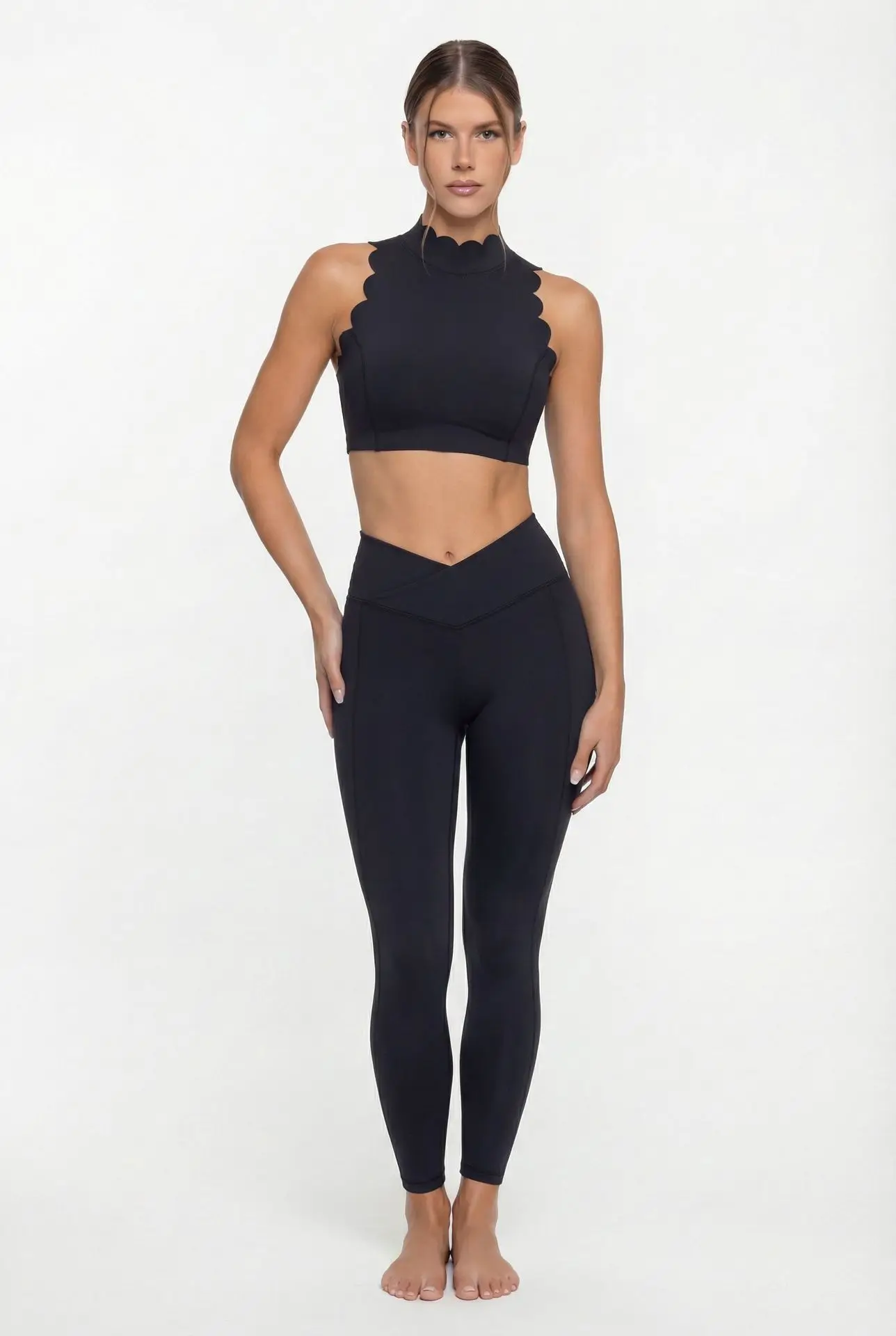 High Support Women's Halter Sports Bra Sweat-Wicking Nylon Spandex Lace Trim Back-Shaping Yoga Brassiere — detail