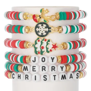 Christmas Gift Santa Claus Snowflake Letter Bracelet Handmade Polymer Clay Elastic Bracelet Creative Elk Charms Bracelet Set