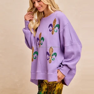 Mardi Gras Top Fleur De Lis Sequin Patch Waffle Knit Long Sleeve Purple Pullover Sweatshirt Women