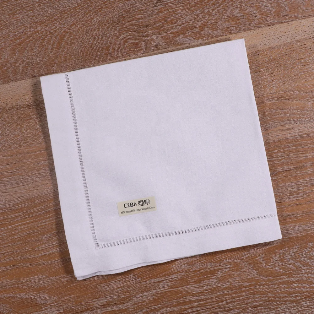 N00117 Ramie Cotton Blend White Hemstitch Dinner Napkins Ladder