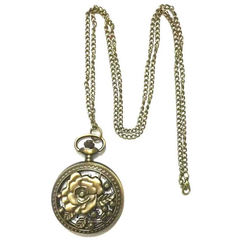 
Винтажные очаровательные кварцевые карманные часы с полыми розами, дизайн, Бронзовые женские часы с ожерельем, Старомодные Часы с подвеской 