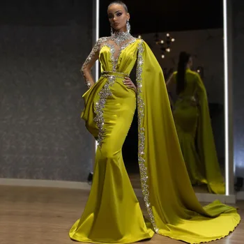 2022 Elegant Satin Rhinestone Evening Dress Long Sleeve Mermaid Prom Dress Luxury Beaded Evening Gown Maxi Dress