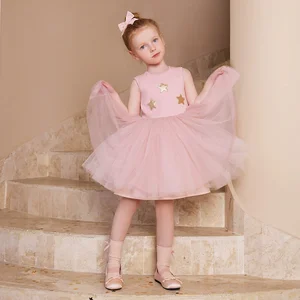 Girls Kids Elegant Sleeveless Party Dress Children's Pink Tulle Adorned Star Sequins Girl Princess Dress