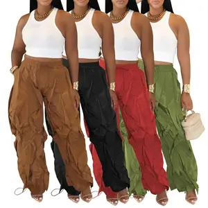 2026 New Arrival Women's Casual Elastic Waist Ruched Details Harem Trousers Wide Leg Loose Pants Baggy Lantern Slacks Pants