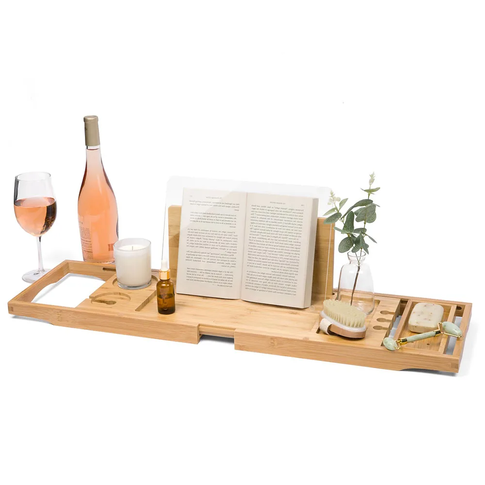 product luxury minimalist bathroom sets extendable bamboo rack  anti slip waterproof wine glass holder with bathhtub tray-6