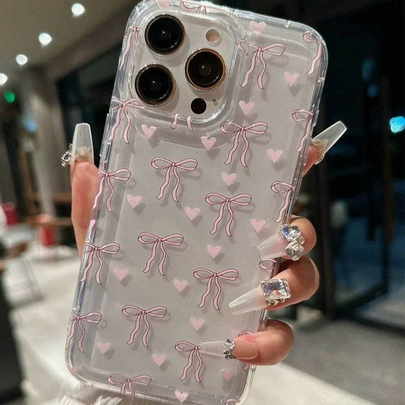 Cute Pink Heart Bow Case for IPhone 17 16 15 14 13 12 11 Pro Max 13 12Mini  XS XR 7Plus SE 2022 Shockproof Soft Clear Cases Coque