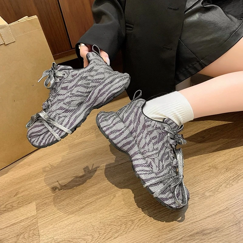 Dropshipping Custom Logo Rhinestones Leopard Print Designer Shoes Women Chunky Platform New Styles Walking Style Sneakers