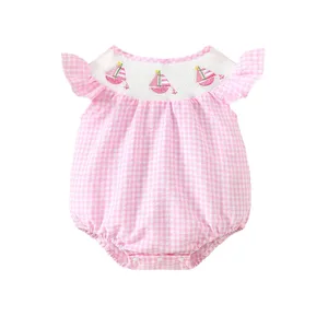 Custom Baby Clothes Shirred Smocked Baby Clothing Embroidery Plaid Flutter Sleeve Triangle Bodysuit Baby Rompers