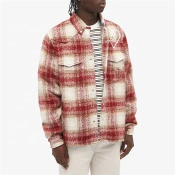OEM custom chain embroidery checked wool blend overshirt flannel tweed jacket for men