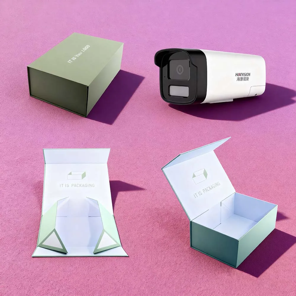 علبة تغليف كاميرا ذكية | تصميم قابل للطي مع مغناطيس مخصص | علبة حماية من الورق المقوى الرمادي