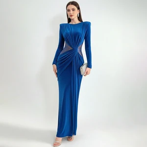 ZYHT 73942 Dark Blue Shiny Waist Cut Out Soft Flow Velvet Elegant Formal Casual Lady Event Party Cocktail Evening Dress