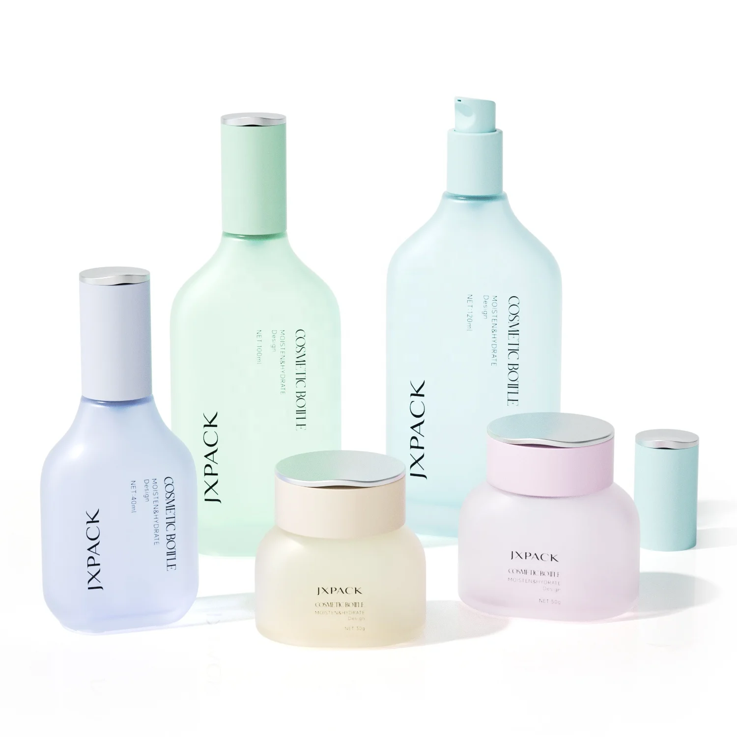 High Quality Custom Frosted 40ml 100ml 120ml  Glass Cream Jar Face Serum Lotion Bottles with Pump Cosmetic Glass Bottle Set
