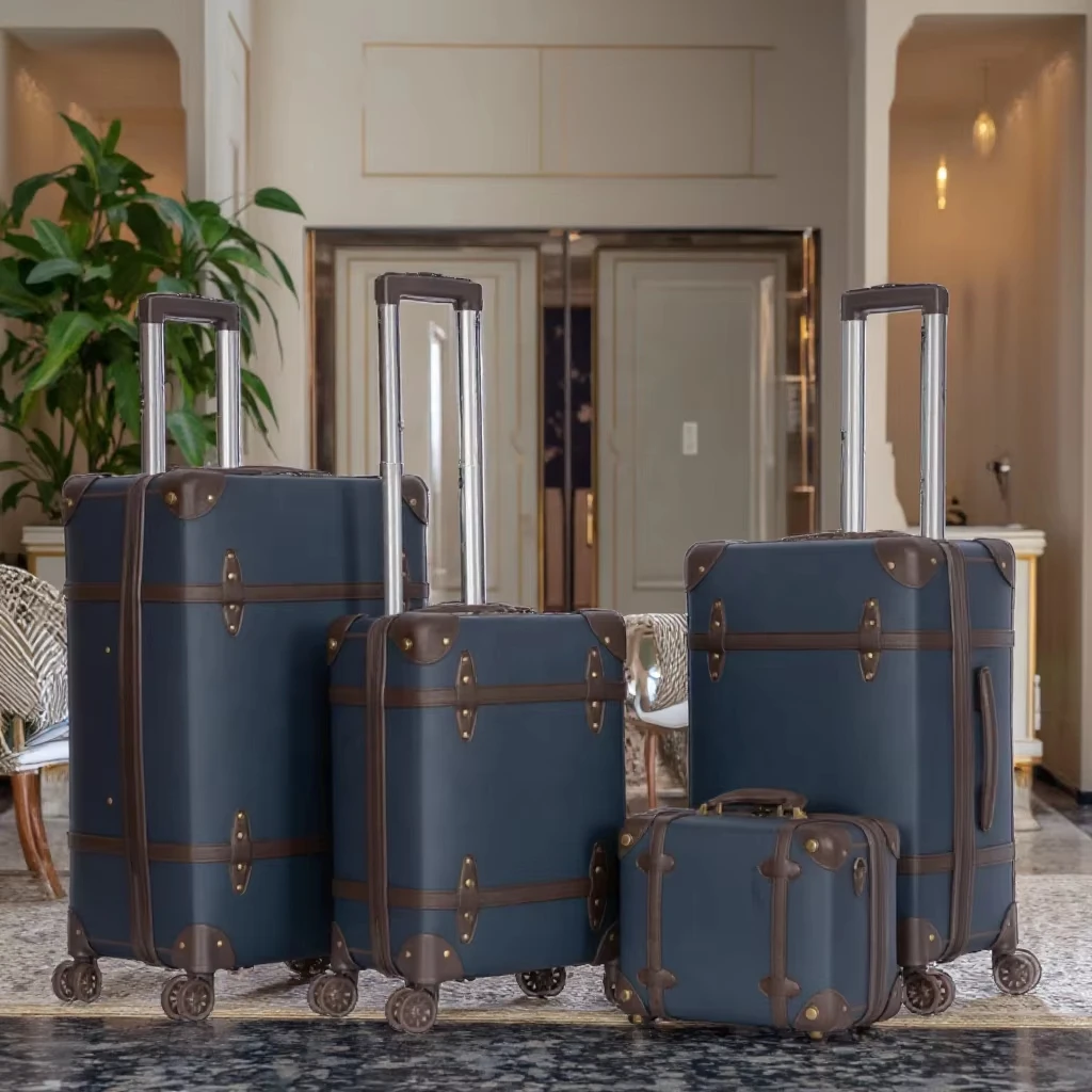 4-Pieces Vintage Luxury Luggage Set With Leather Belt Retro PU Cover  Suitcase for Travel