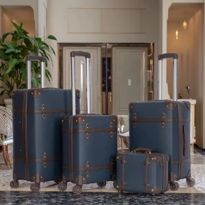 4-Pieces Vintage Luxury Luggage Set With Leather Belt Retro PU Cover Suitcase for Travel