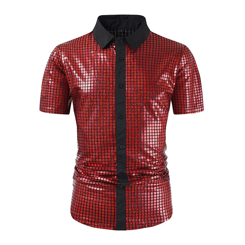 Mens Disco Sequin Shirt Short Sleeve Button up Sequin Glitter Men Shirts  Party Novelty Shirts Nightclub Christmas Prom Costume