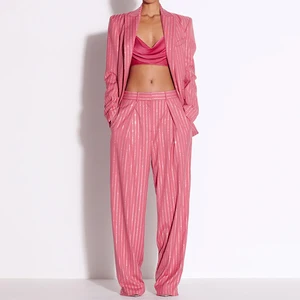 ZYHT 70163 Wholesale New Long Sleeves Celebrity Style Sequin Blazer and Trousers Pants Two-Piece Suit