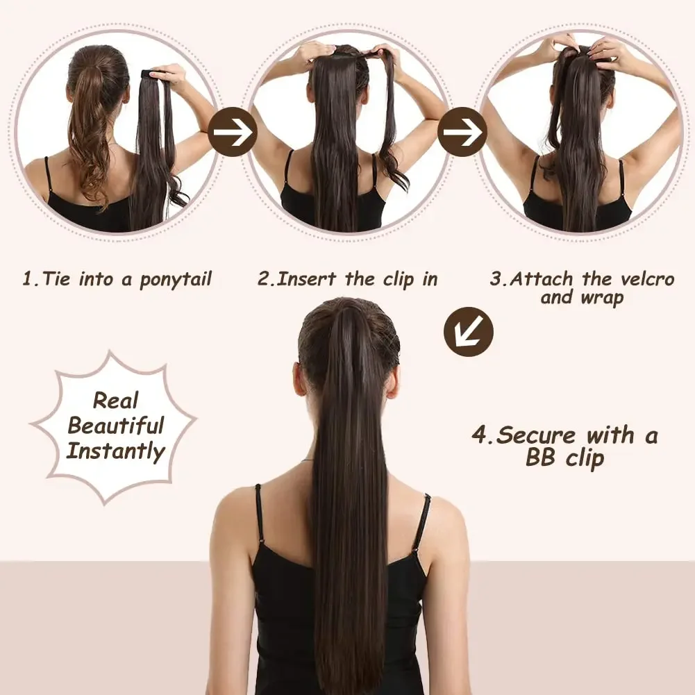Langer, gerader Pferdeschwanz aus menschlichem Haar, zum Umwickeln, 100 % Remy-Extensions, Clip-Ins, natürliche schwarze Farbe, Nr. 1, Haarteil für Frauen_voghion.com