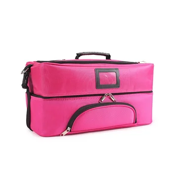 Rose red big capacity nylon cosmetic storage bag with trays professional  makeup nails polish bag