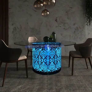 Home Dining Table Modern Lighting Colorful Metal Frame and Acrylic Base Cylinder Shaped with Glass Table Top Dining Furniture