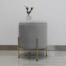 HStex Furniture New Sale Round Seated Footstool Velvet Gold Metal Legs Chairs Gray Ottoman Stools