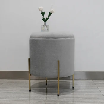 HStex Furniture New Sale Round Seated Footstool Velvet Gold Metal Legs Chairs Gray Ottoman Stools