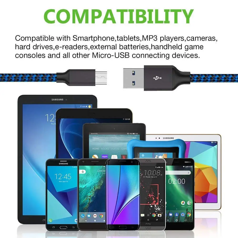 
 Кабель micro usb XANUAN в нейлоновой оплетке, 3 фута, для быстрой передачи данных и зарядки, USB-кабель Micro B для телефонов на Android, Samsung, HTC, Nokia, Sony  