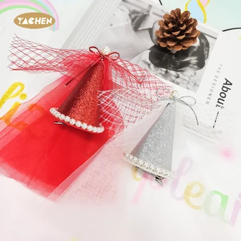 YACHEN Red Silver Sparkly Birthday Hair Accessories Elegant Pearl Tulle Birthday Hair Clip Barrette for Girls and Kids