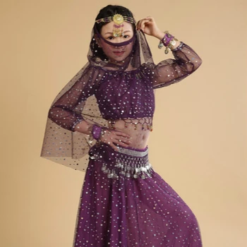 Coldker Children Indian Dance 5-piece Girls Costume Set (Top, Dress, Veil , Waist Chain and Bracelet ) Bollywood Dance Costumes