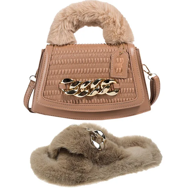 Autumn Women's Slippers Furry Slides and Money Bag Set Handbag Shoe Bag Set Chain Women's Shoes Fashion Soft Wallet Comfortable