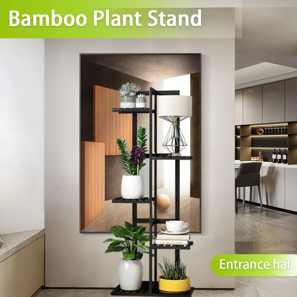 product 5 tier bamboo shelf organizer 6 potted black high flower plant stand for indoor or outdoor bathroom corner decoration display-11