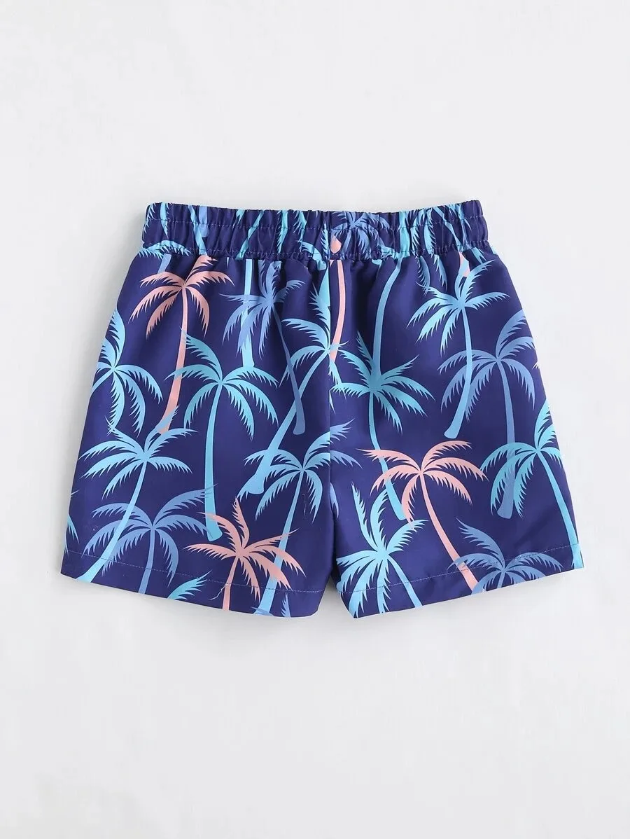 90-120cm Yellow Pink Blue Color Boho Brief Polyester Hawaiian Swim Trunks Children Boy Swim Shorts details