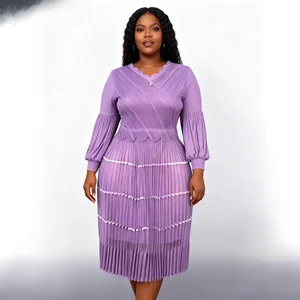 Plus Size Pleated Midi Dress for Women - Elegant Ruffled V-Neck Puff Sleeve Dress with Striped Trim