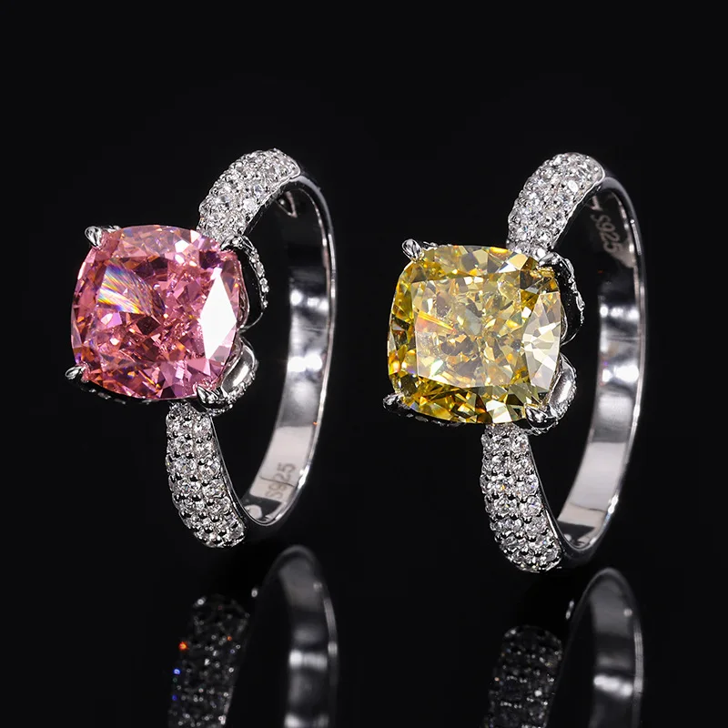 S925 Silver Engagement Ring with Main Stone 9*9 Simulated Padparadscha, Zircon Female Fine Jewelry for Women