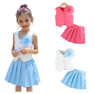 2026 Wholesale Summer Children Fashion Clothes 3D Flower Sleeveless Vest Pleated Skirt Shorts 2pcs Kids Clothing Sets for Girls