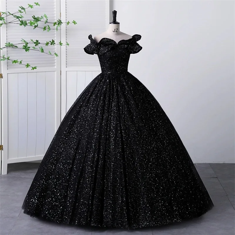 S2364L New High Quality Elegant Black One Shoulder Sequins Korean Style  Velvet Single Dress Performance Costume Wedding Dress| Alibaba.com