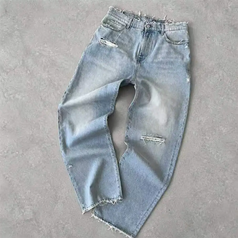 Men's High Waist Distressed Straight Leg Jeans Plus Size Loose Fit Cotton Denim Pants With Ripped Holes Casual Streetwear Style gallery 8
