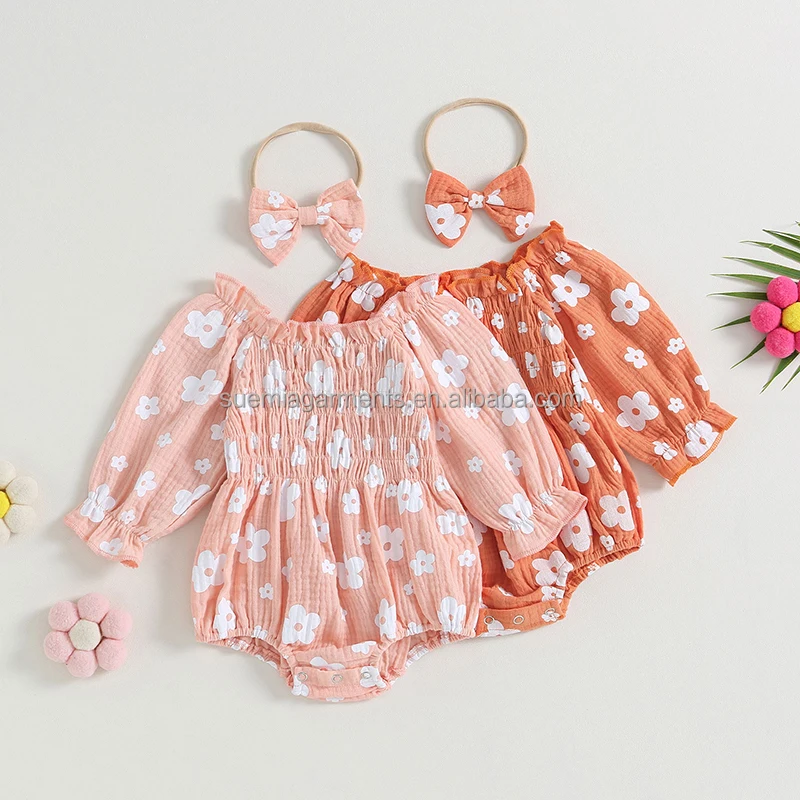 Infant Flower Print Long Bubbles Sleeve Ruffles Headband Girls Bodysuit