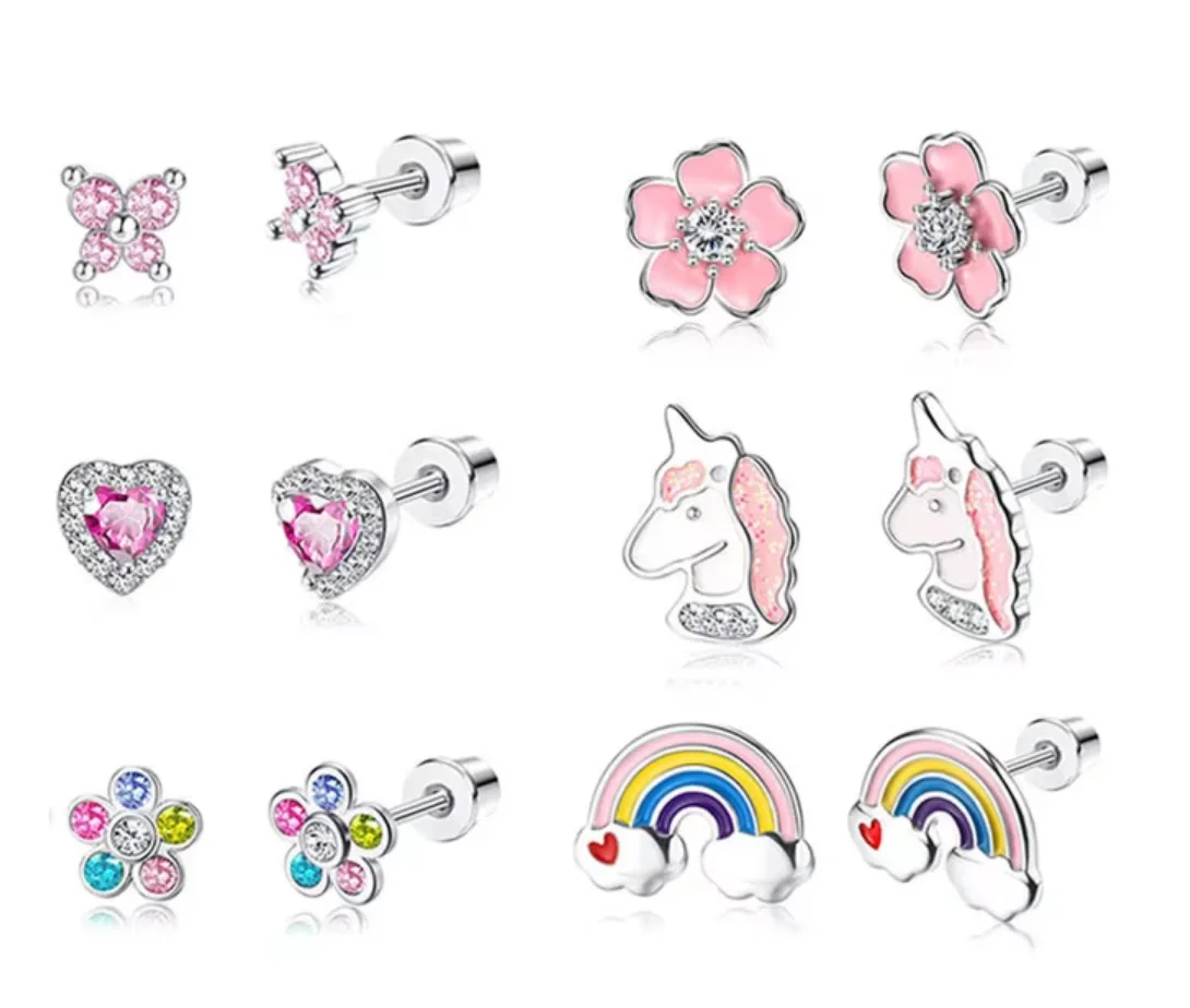 Rainbow Butterfly Unicorn Stud Earrings Zircon Gold Plated Stainless Steel Cute Cartoon Women's Gift