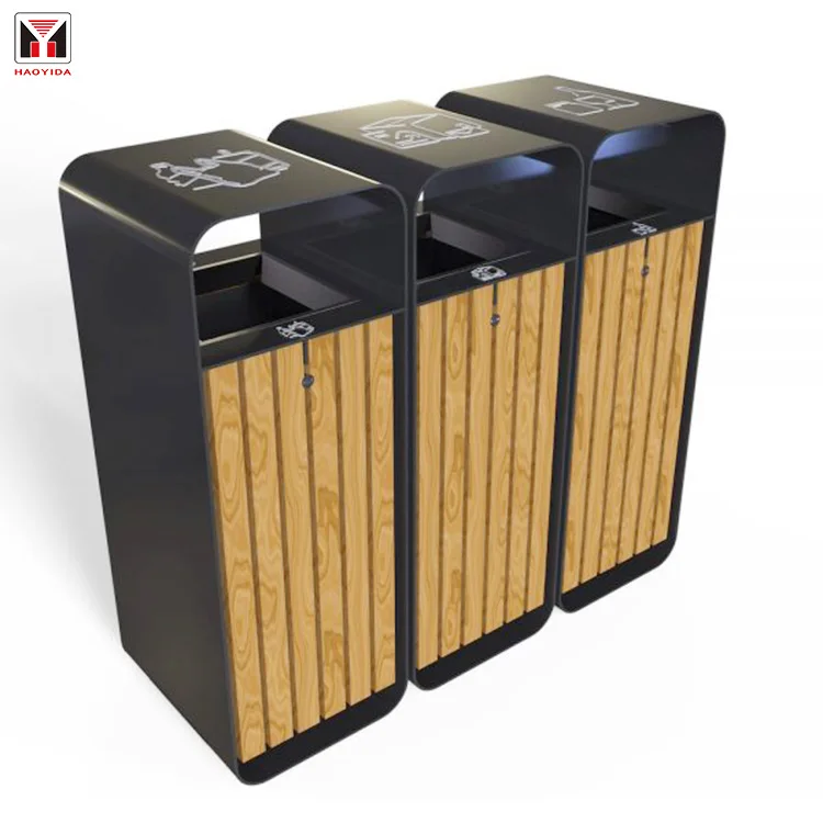 Wholesale Three Compartment Recycle Bin Unique Dustbin Trash Can for City Wooden Dustbin with Lid