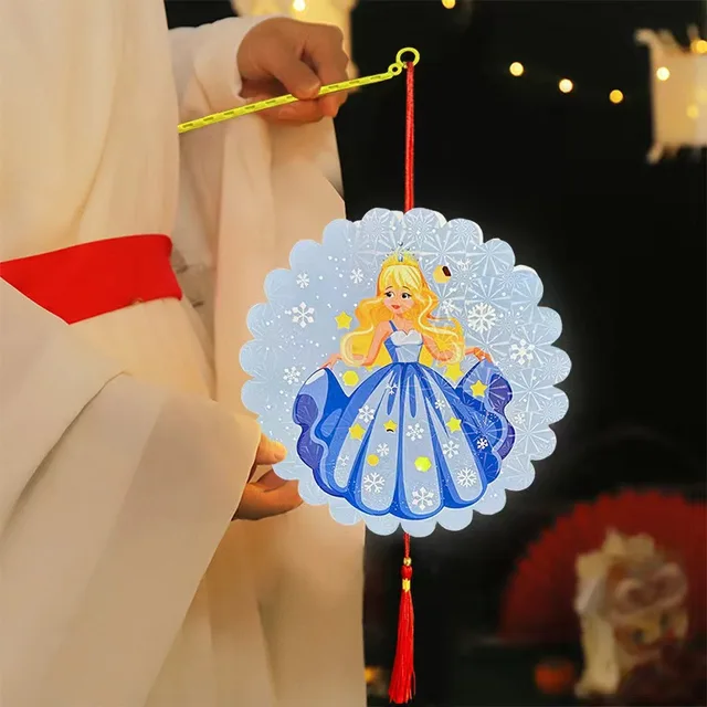 Handheld paper cartoon DIY festival children red Chinese lanterns blue princess cartoon luminous paper lanterns