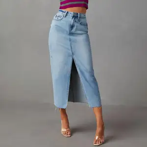 High Quality Women's Denim Skirt Natural Waist Vintage Style Slit Fashionable Plain Dyed Autumn Casual Breathable Ruffles A-Line
