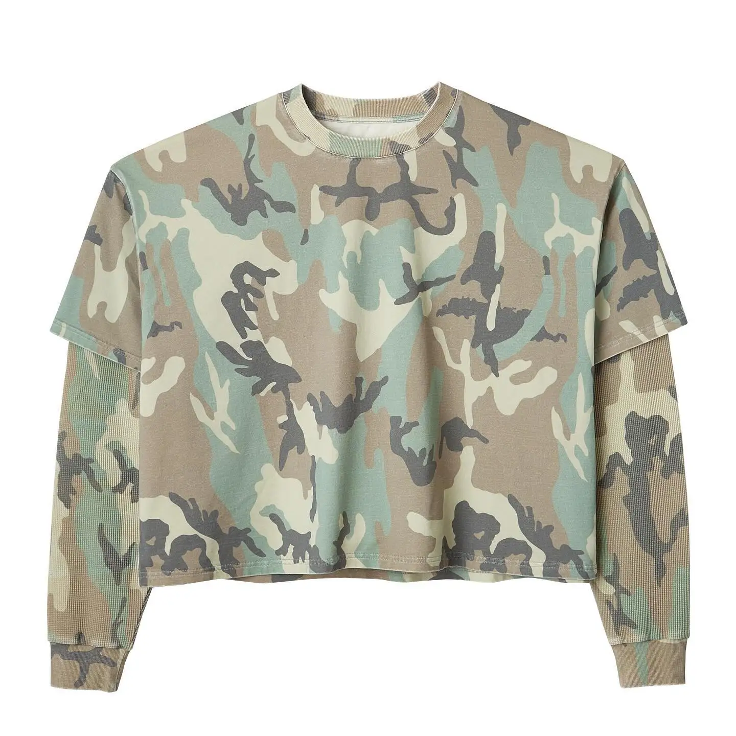 Custom Screen Printed Tshirt Heavy Cotton Knitted Camo Tee Camouflage Thermal T Shirts Double Layer Long Sleeve T-shirts for Men gallery 2