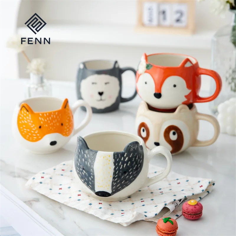 2Pcs 14oz Unique Animal Fox Cat Shape Handpainted Ceramic Present Mug 3D Animal Modle Porcelain Cute Coffee Mug