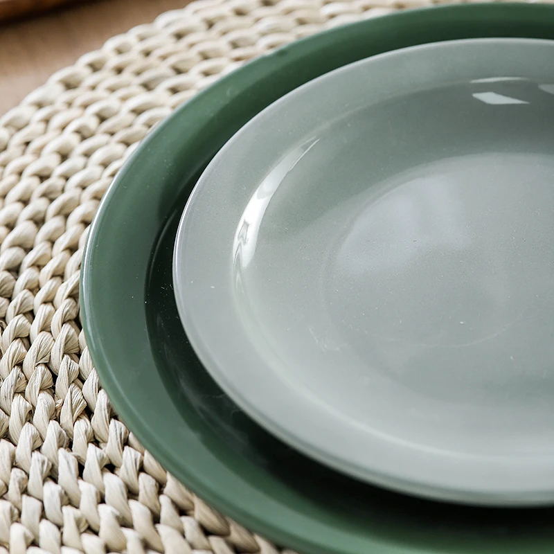 Nordic minimalist porcelain plate wedding green glossy glazed round plate ceramic dinner plate sets for restaurants