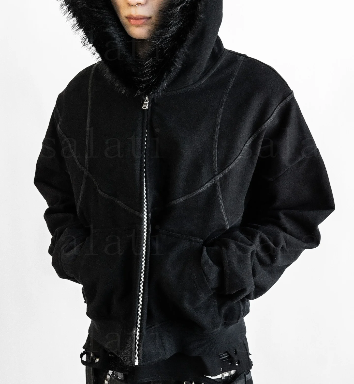 Salati Wholesale Y2K Thick Plain Blank 100% Cotton Oversized Unisex Jackets Faux Fur Zip up Men Sweatshirts Hoodie With Fur Hood gallery 2