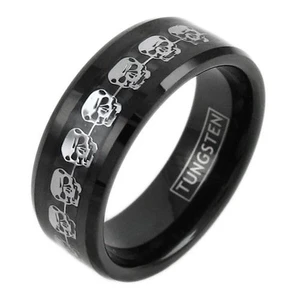 Men Silver Skull Skeleton Inlay Wedding Band Promise Rings Black Tungsten Carbide Rings