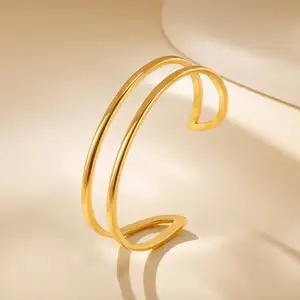 Unique Design Double Layer Line Opening Cuff Bangles Stainless Steel Chunky Bangle Cuff Bracelet
