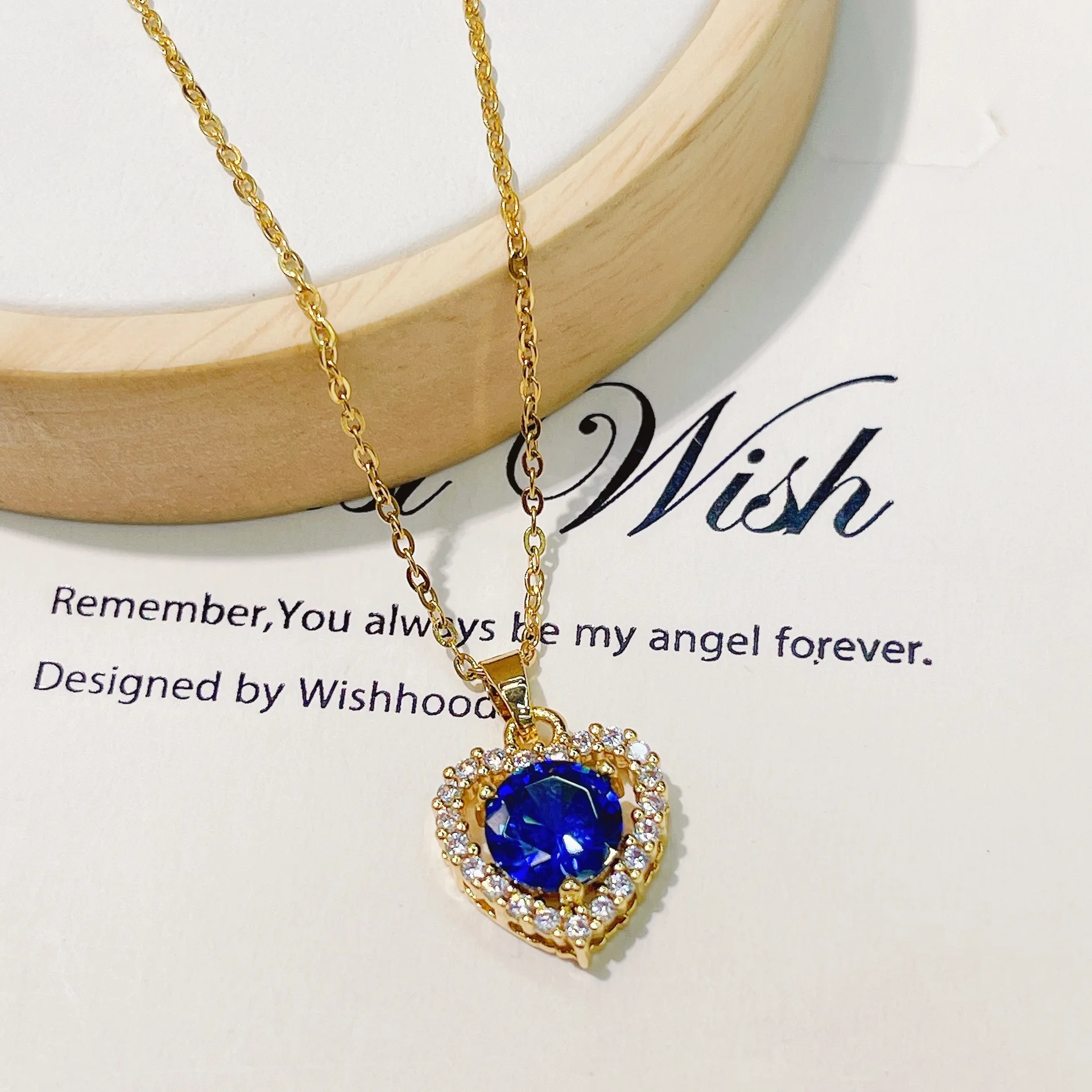 Gold Plated Colorful Available Red Sapphire pink Green Zircon Stone Heart Pendant Necklace for Women